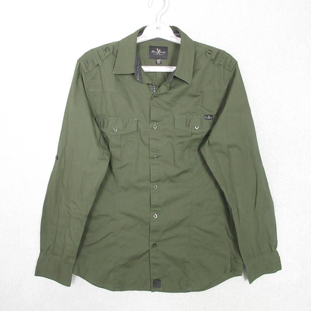 Marc Ecko Button Up Shirt Mens Medium Olive Green Excellent Military Utility